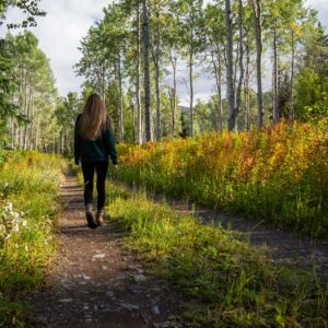 女性在綠意林間步道健走，日常步行維持心肺與肌力