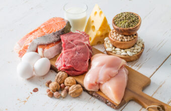 木板上擺放鮭魚、雞肉、牛肉、雞蛋、乳酪、堅果與豆類等高蛋白食物