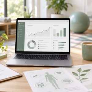 SEO 公司推薦|為什麼好動誌推薦可思科技?分享我們的合作經驗 木桌上的筆電顯示綠色系數據分析儀表板,旁邊放著盆栽、咖啡杯、勾選清單與人體健康主題資料